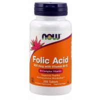 Folic Acid ácido folico 800 mcg com Vitamin B-12 250 comprimidos NOW Foods